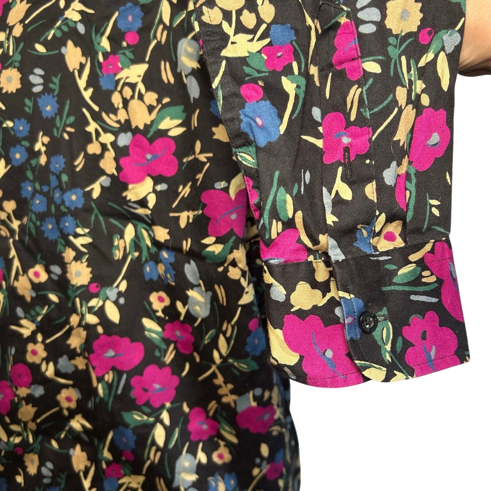 Lauren Ralph Lauren Floral Non-Iron Button Down Shirt Medium Black Pink Career