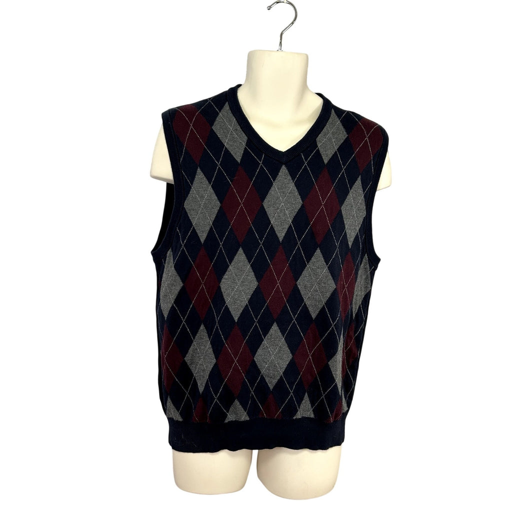 Chaps L Blue Argyle Cotton Knit V-Neck Sweater Vest Preppy Dark Academia