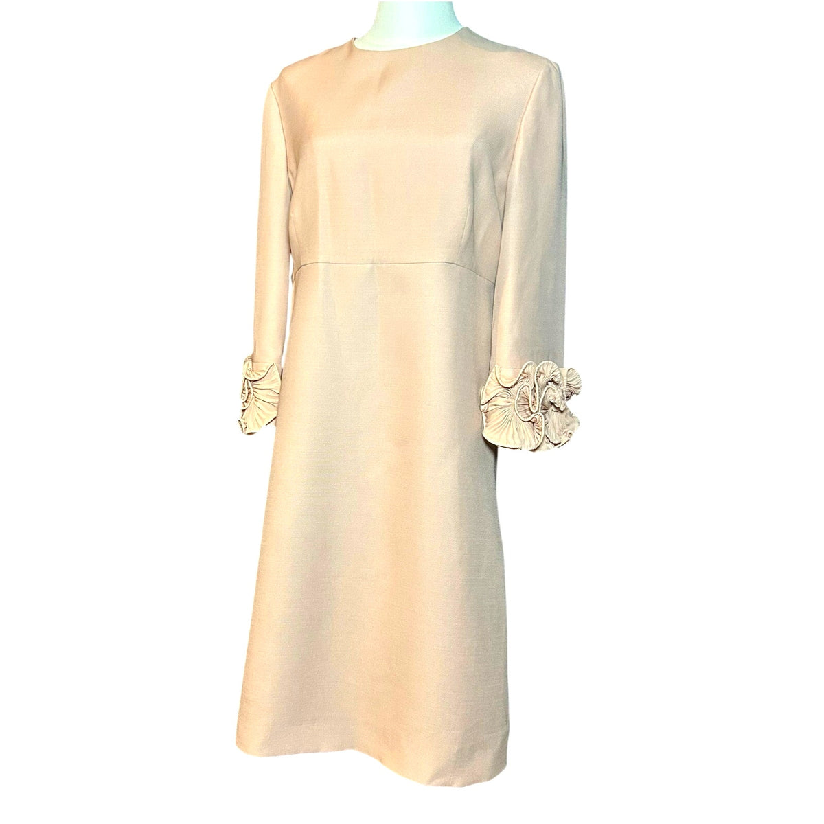 Auth Valentino A Line Dress Pink 44 Wool Silk Ruffle Sleeve Coquette Luxury Glam