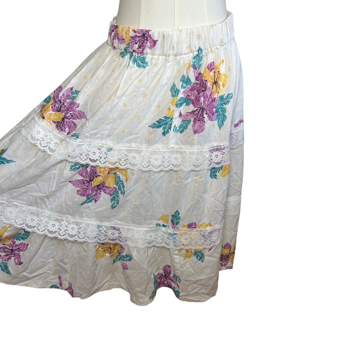 VTG 80s White Floral Broomstick Skirt M L Hawaiian Boho Cottage Fairy Retro