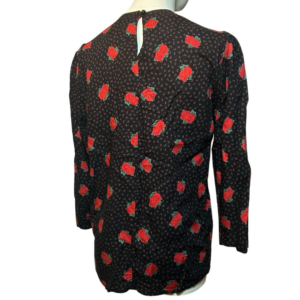 VTG Ms Interpret Black Red Rose Polka Dot Rayon Blouse 12 Whimsygoth Grunge Goth