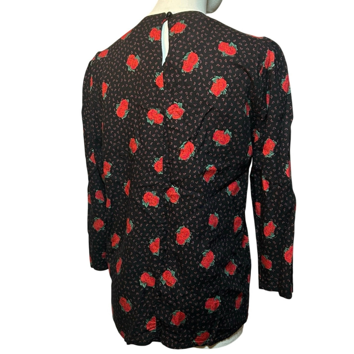 VTG Ms Interpret Black Red Rose Polka Dot Rayon Blouse 12 Whimsygoth Grunge Goth