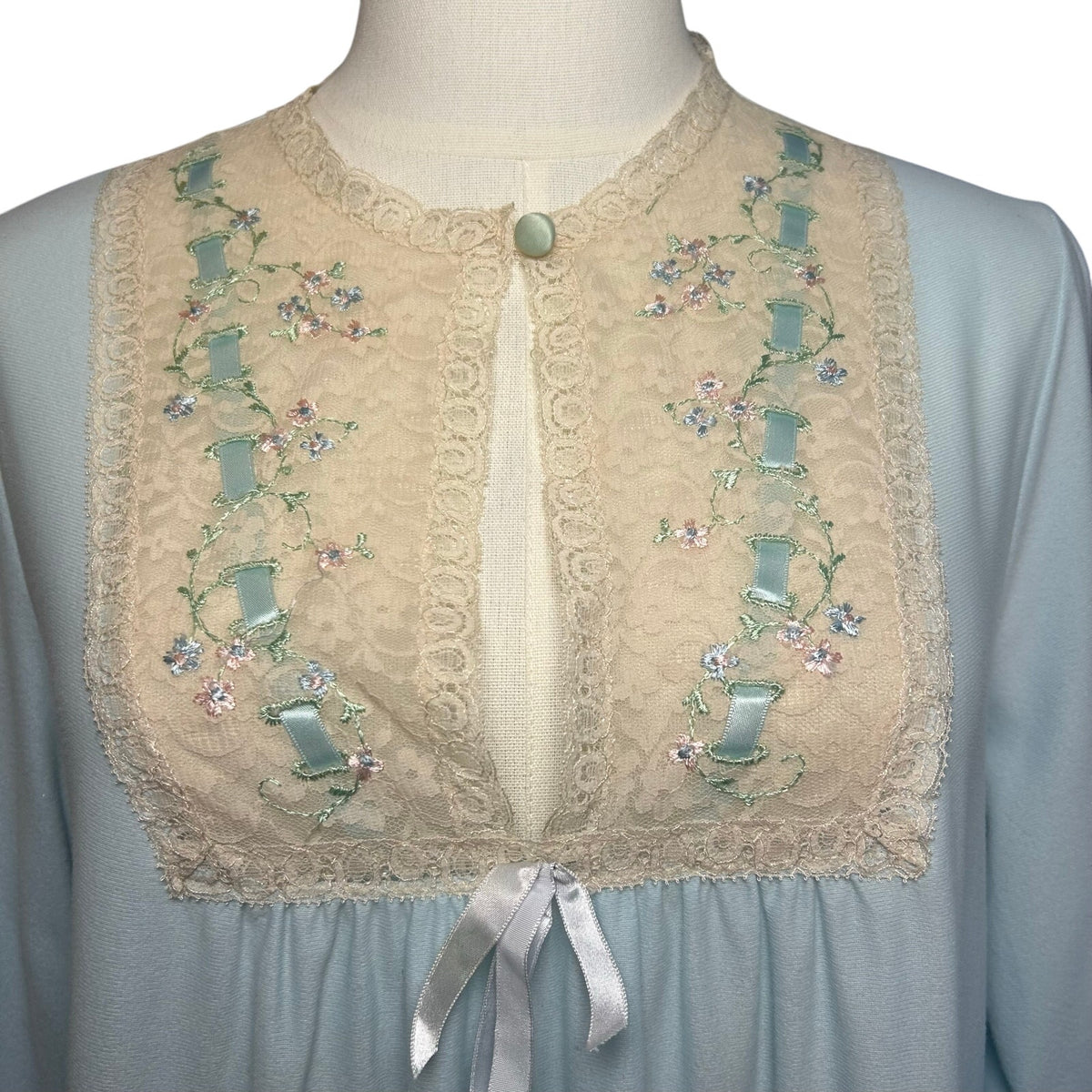 VTG 70s Blue Floral Lace Nightgown Sears XL Nylon Bridal Coquette Romantic Bow