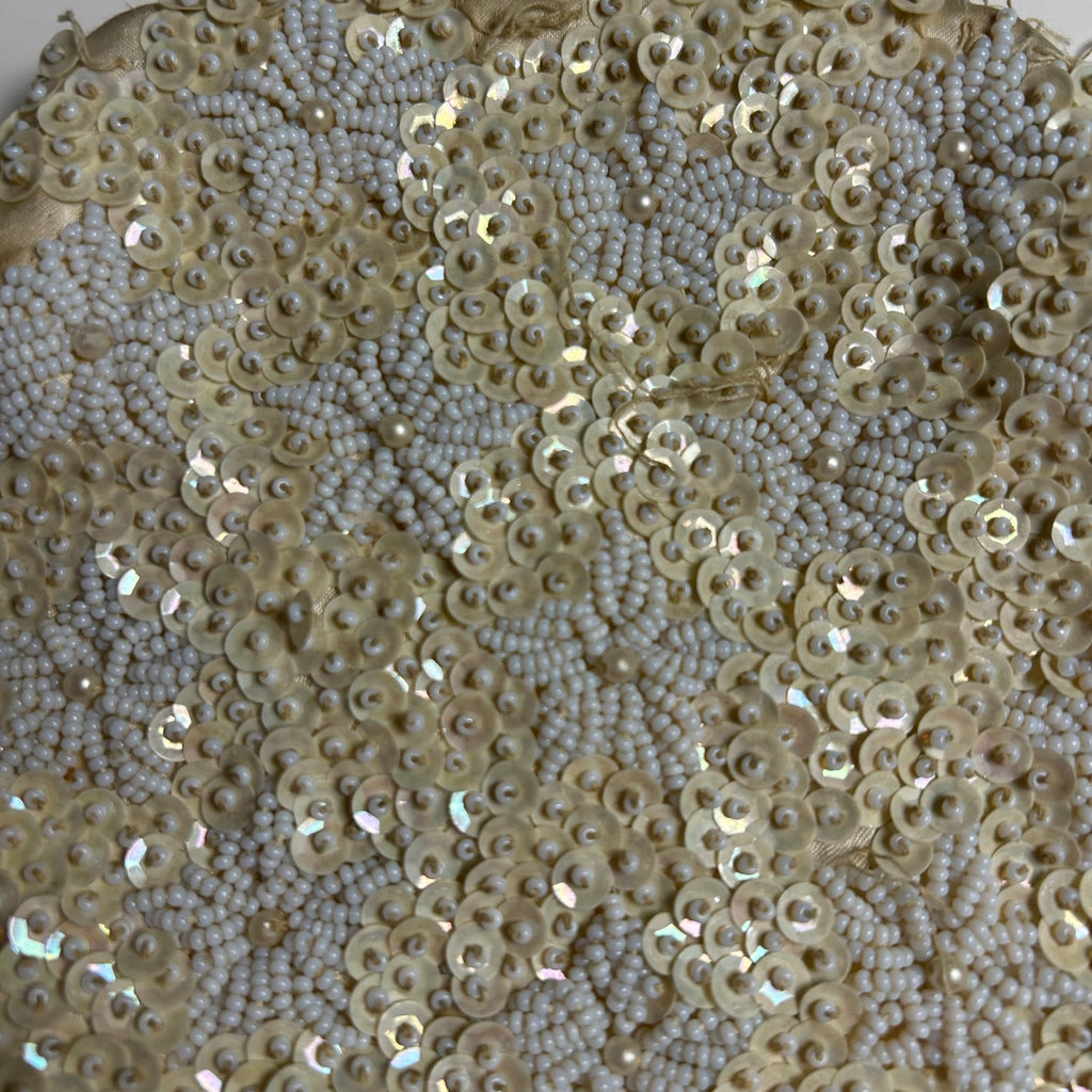 VTG 50s Cream Sequin White Floral Clutch Evening Bag Bridal Prom Retro Glam Twee
