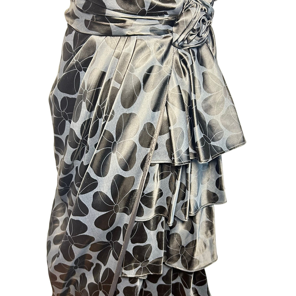 VTG 80s Black Floral Jacquard Prom Gown 2 Romantic Feminine Goth Glam Coquette