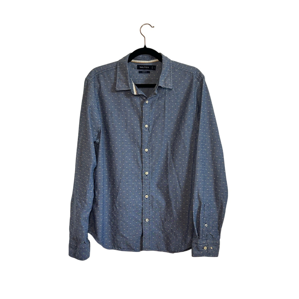 Nautica Mens L Large Slim Fit Blue Dobby Weave Long Sleeve Shirt Preppy Casual