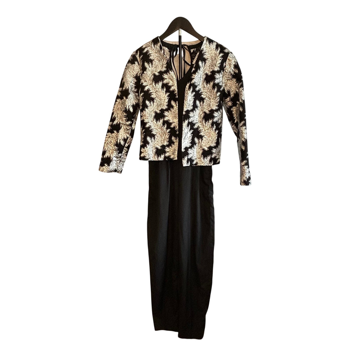 VTG Silver Black Metallic Leaf Brocade Jumpsuit and Matching Cropped Jacket Set