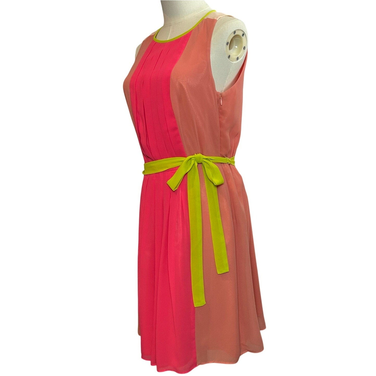LOFT Colorblock Pleated Midi Dress Pink Coral Neon Green Belt 6 Preppy Retro