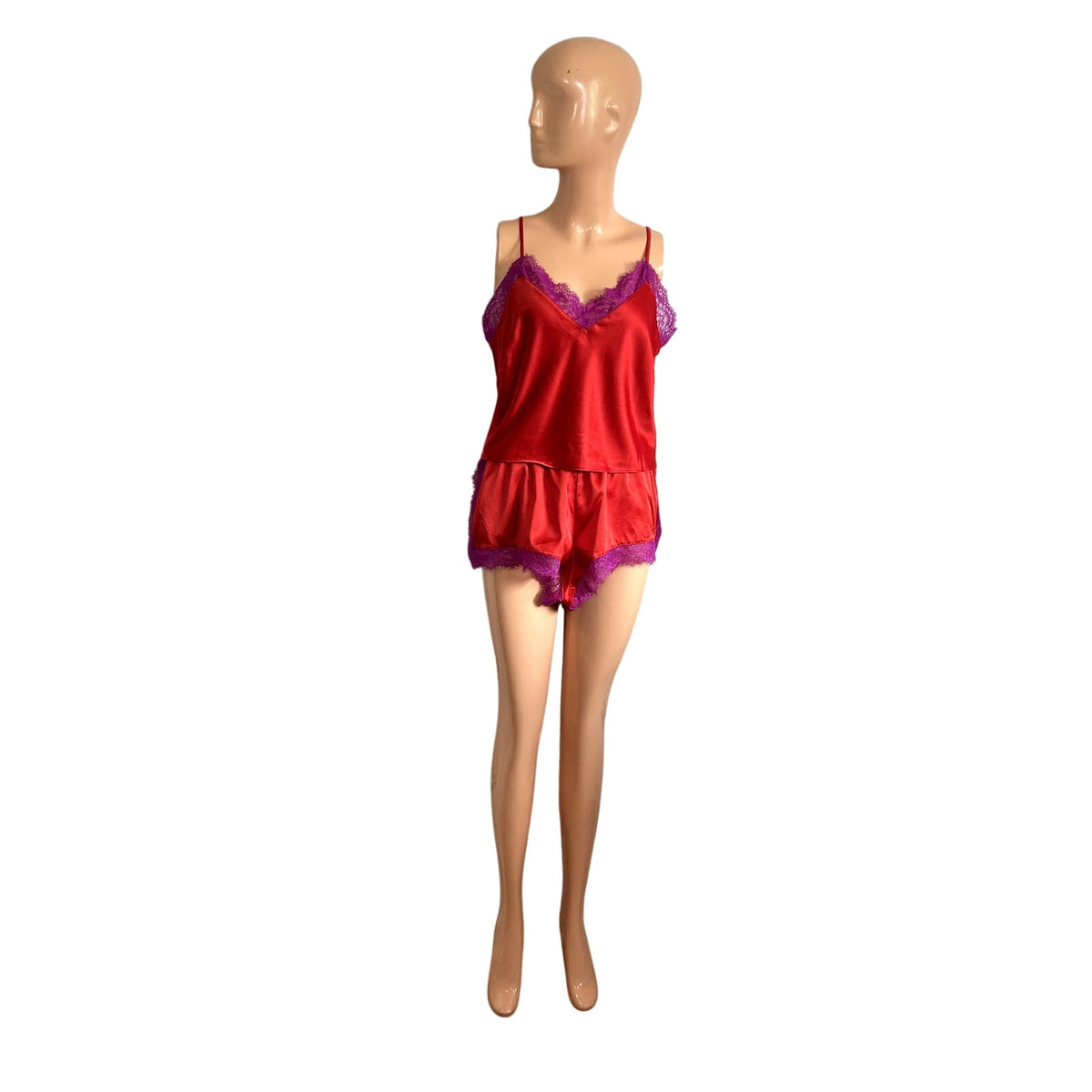 Savage X Fenty Red Purple Lace Camisole Shorts M Lingerie Set Romantic Feminine