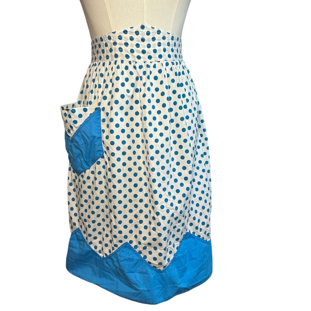 VTG Blue White Cotton Apron Handmade Pocket Polka Dot Cottage Retro Western Boho