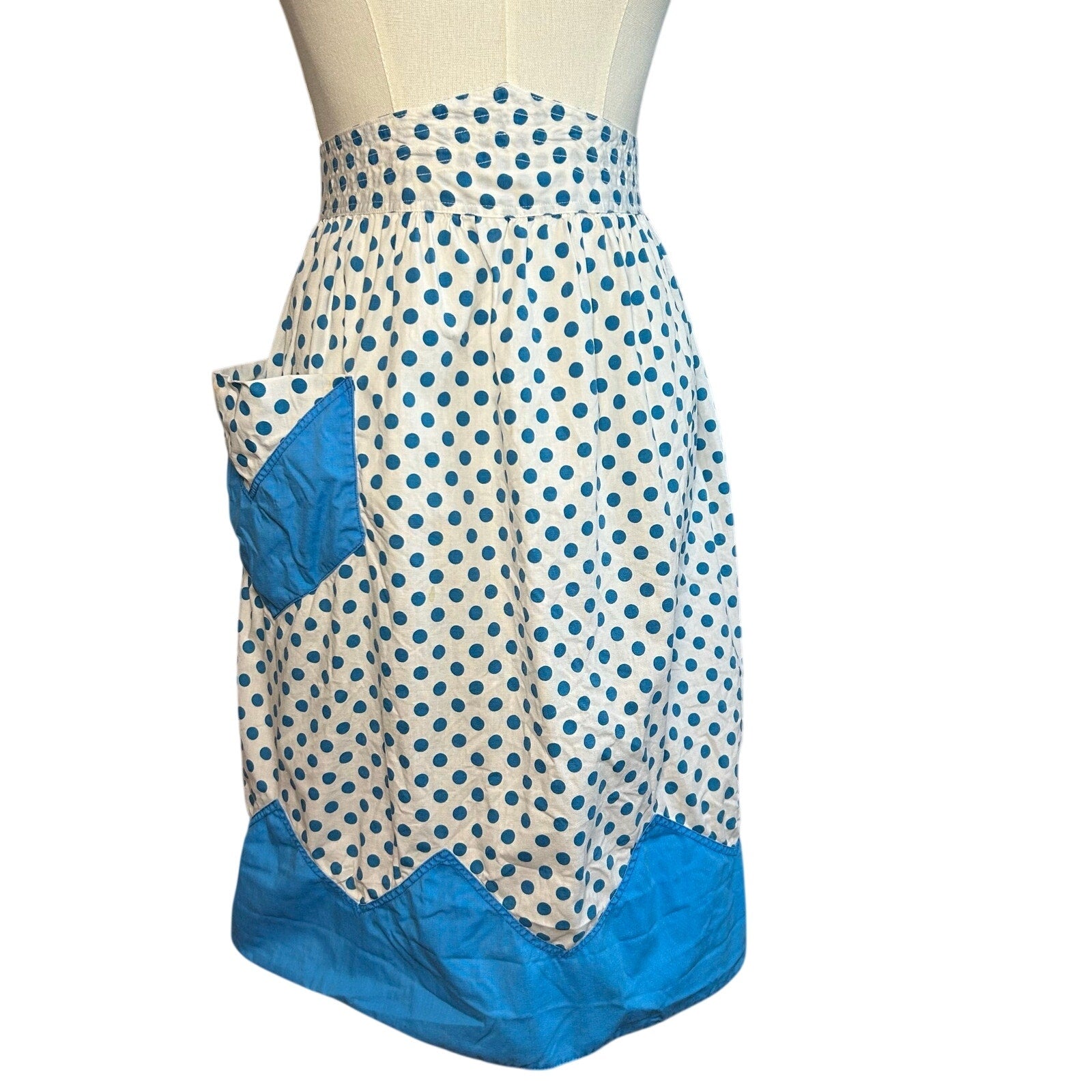 VTG Blue White Cotton Apron Handmade Pocket Polka Dot Cottage Retro Western Boho