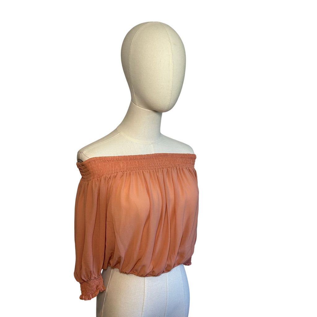 Peach Sheer Chiffon Smocked Cropped M Blouse Fairycore  Coquette Whimsigoth Boho