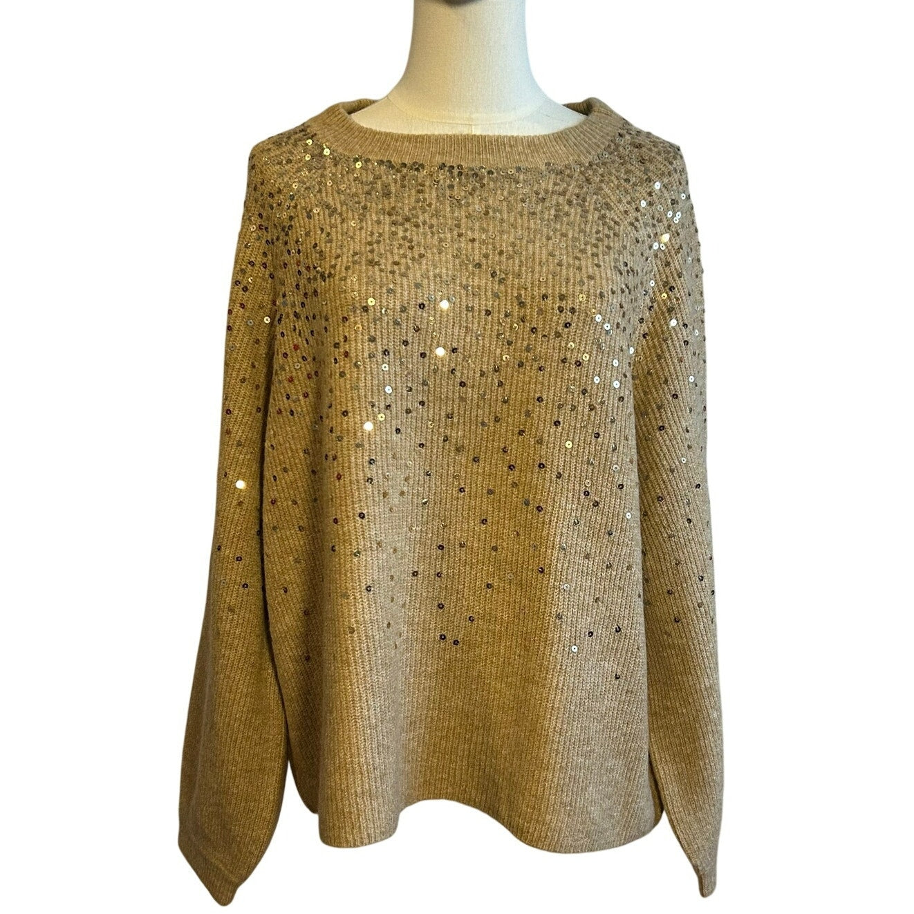 Vince Camuto Sequin Raglan Pullover Sweater NWT Camel Gold Sz L MSRP $69 Party