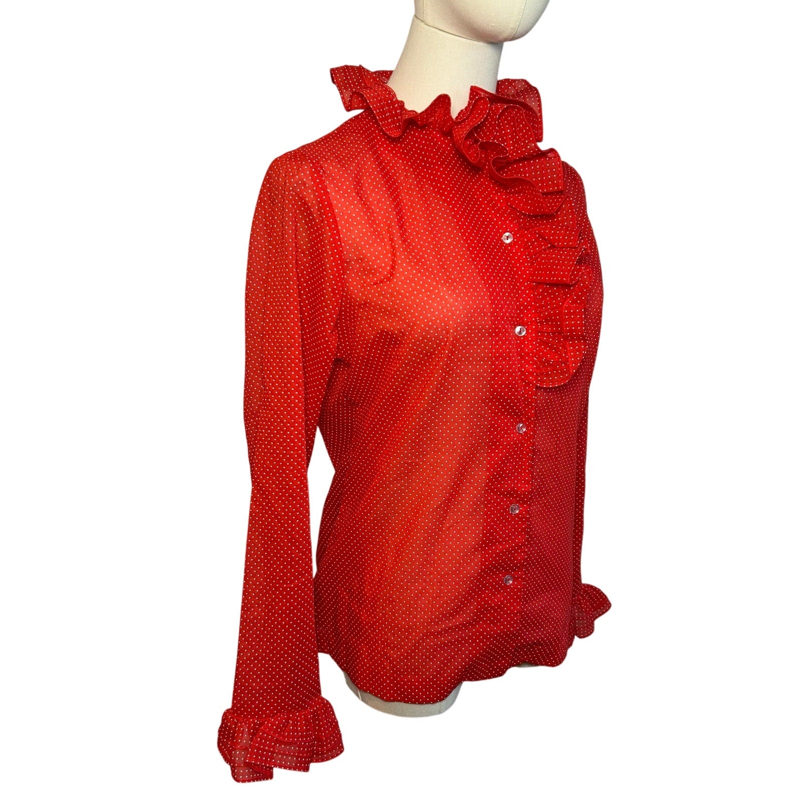 VTG 70s NaMa of California Red M Ruffle Polka Dot Blouse Coquette Whimsigoth