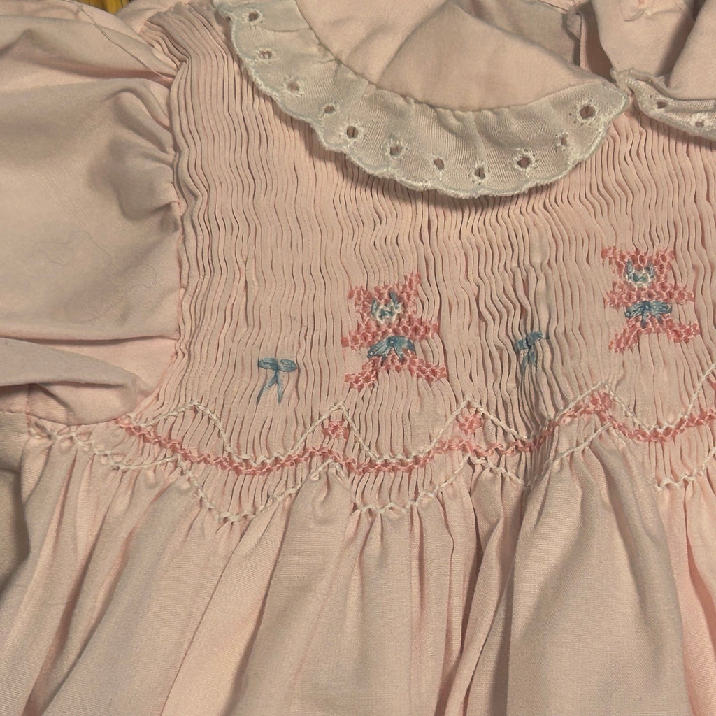 VTG 70s Baby Girl Pink Smocked Romper Teddy Bear Puff Sleeve Cottage Coquette