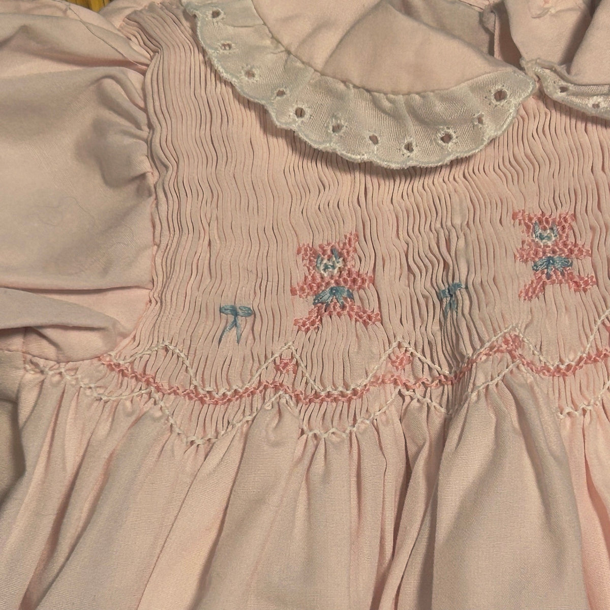 VTG 70s Baby Girl Pink Smocked Romper Teddy Bear Puff Sleeve Cottage Coquette