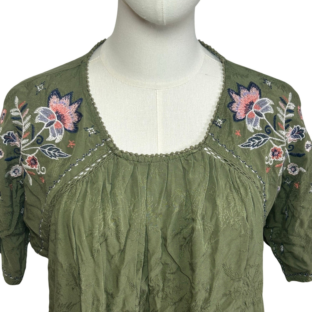 Knox Rose Blouse Small Green Rayon Embroidered Boho Peasant Indie Retro Cottage