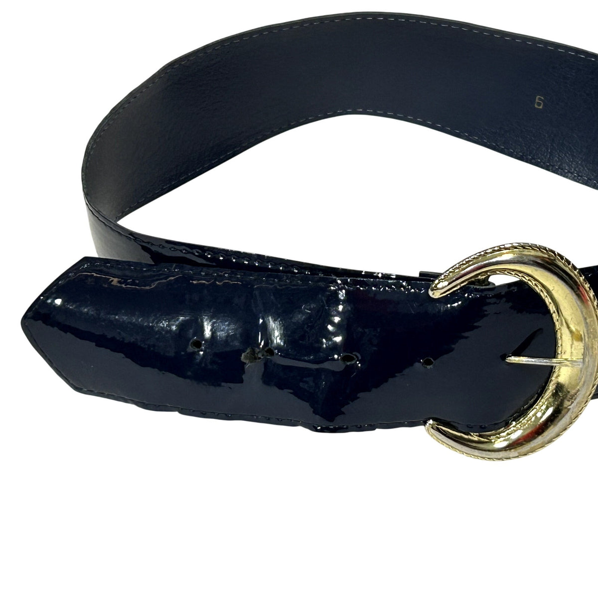 VTG 80s Glam Blue Belt Gold Crescent Buckle Patent Leather Retro Office Siren
