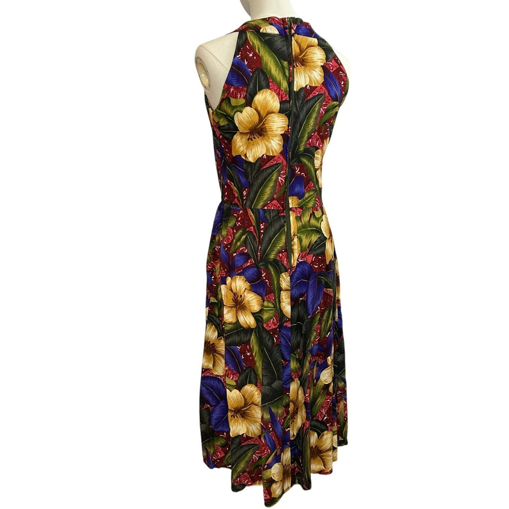 VTG 90s Positive Attitude Tropical Hibiscus Rayon Midi Dress Pockets Size 14