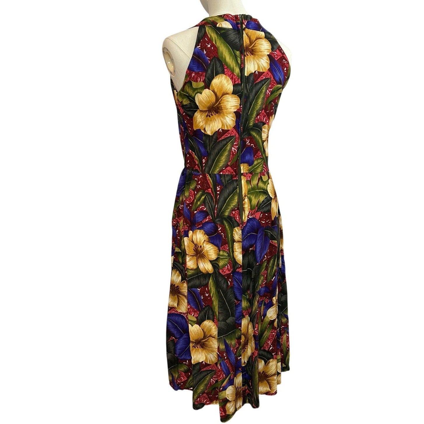 VTG 90s Positive Attitude Tropical Hibiscus Rayon Midi Dress Pockets Size 14