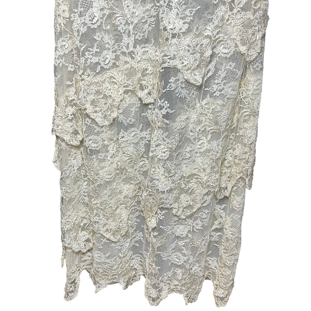 VTG 1960s Sheer Cream Lace Tiered Midi Dress Whimsigoth Bridal Overlay S