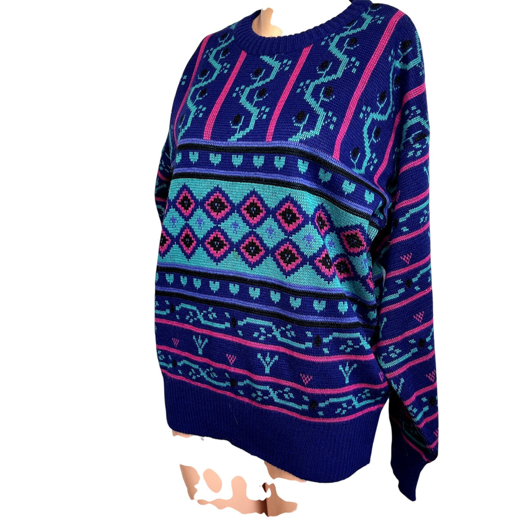 VTG 80s Meister M Purple Teal Maximalist Patterned Wool Knit Retro Cozy Sweater