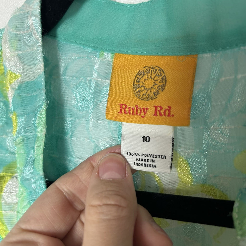 VTG Ruby Rd Teal Floral Burnout Top Whimsygoth Tropical Sheer Blouse Size 10