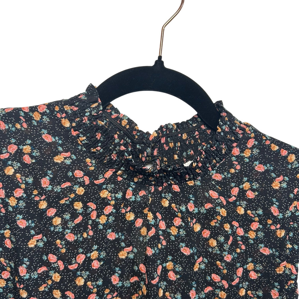 Black Pink Floral Sleeveless Mock Neck M Smocked Top Ruffle Y2K Romantic Goth