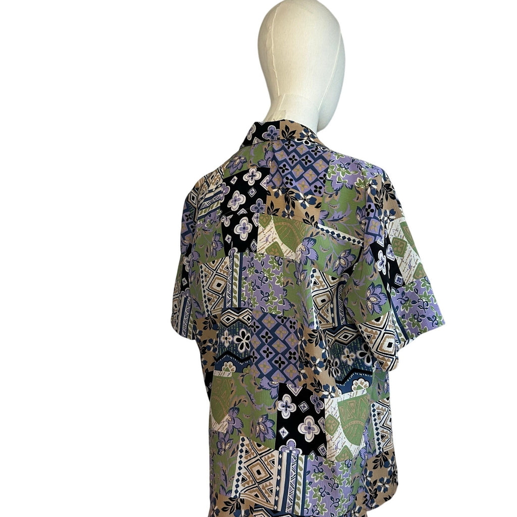 VTG 90s DonnKenny L Purple Green Patchwork Print Top Indie Maximalist Retro Boho