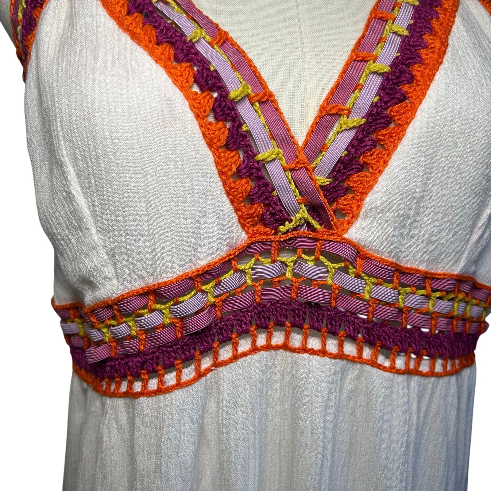 Indigo Rein XL White Multi Boho Maxi Dress Woven Tassel Tie Indie Fairy Cottage