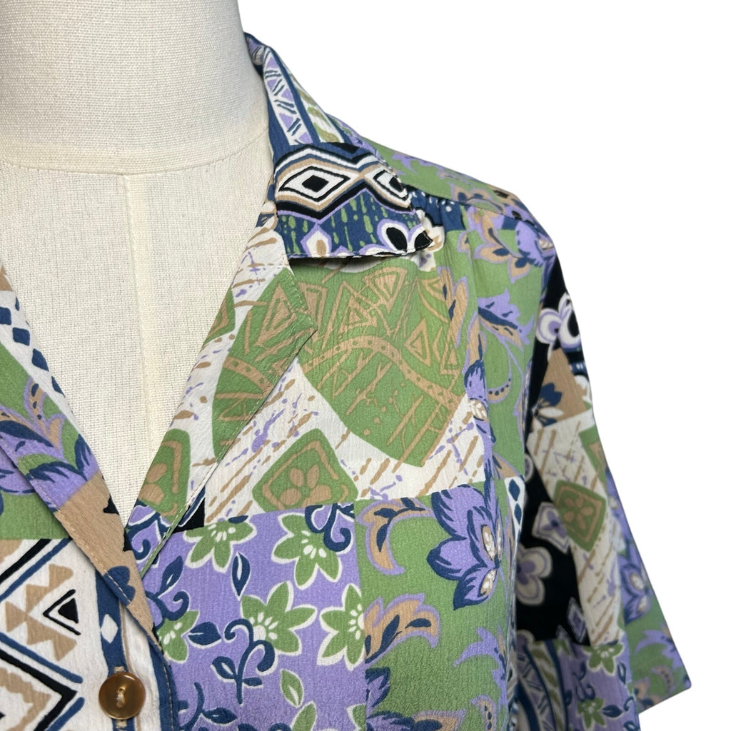VTG 90s DonnKenny L Purple Green Patchwork Print Top Indie Maximalist Retro Boho
