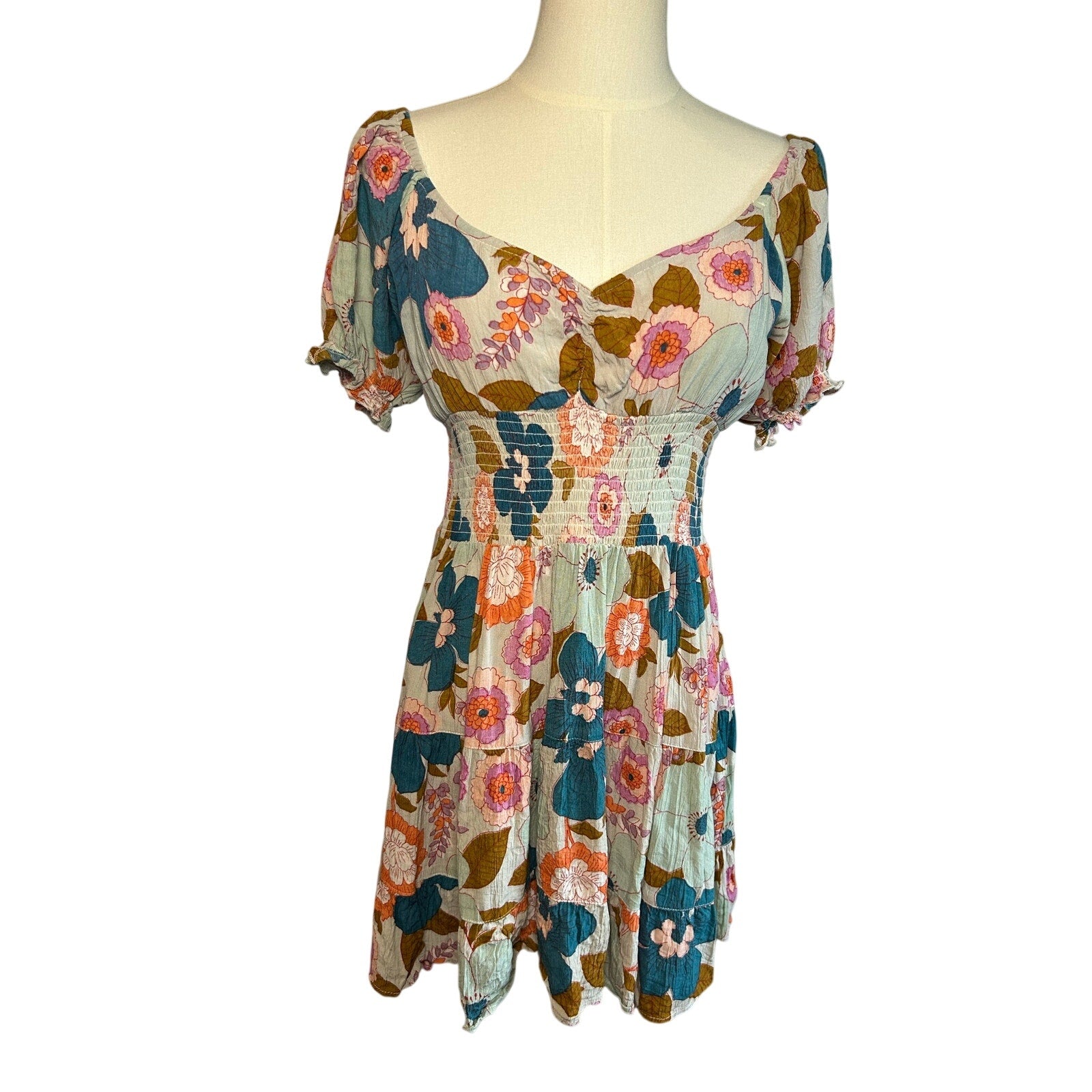 Angie Floral Smocked Boho Mini Dress Medium Cottage Indie Retro Rayon Festival