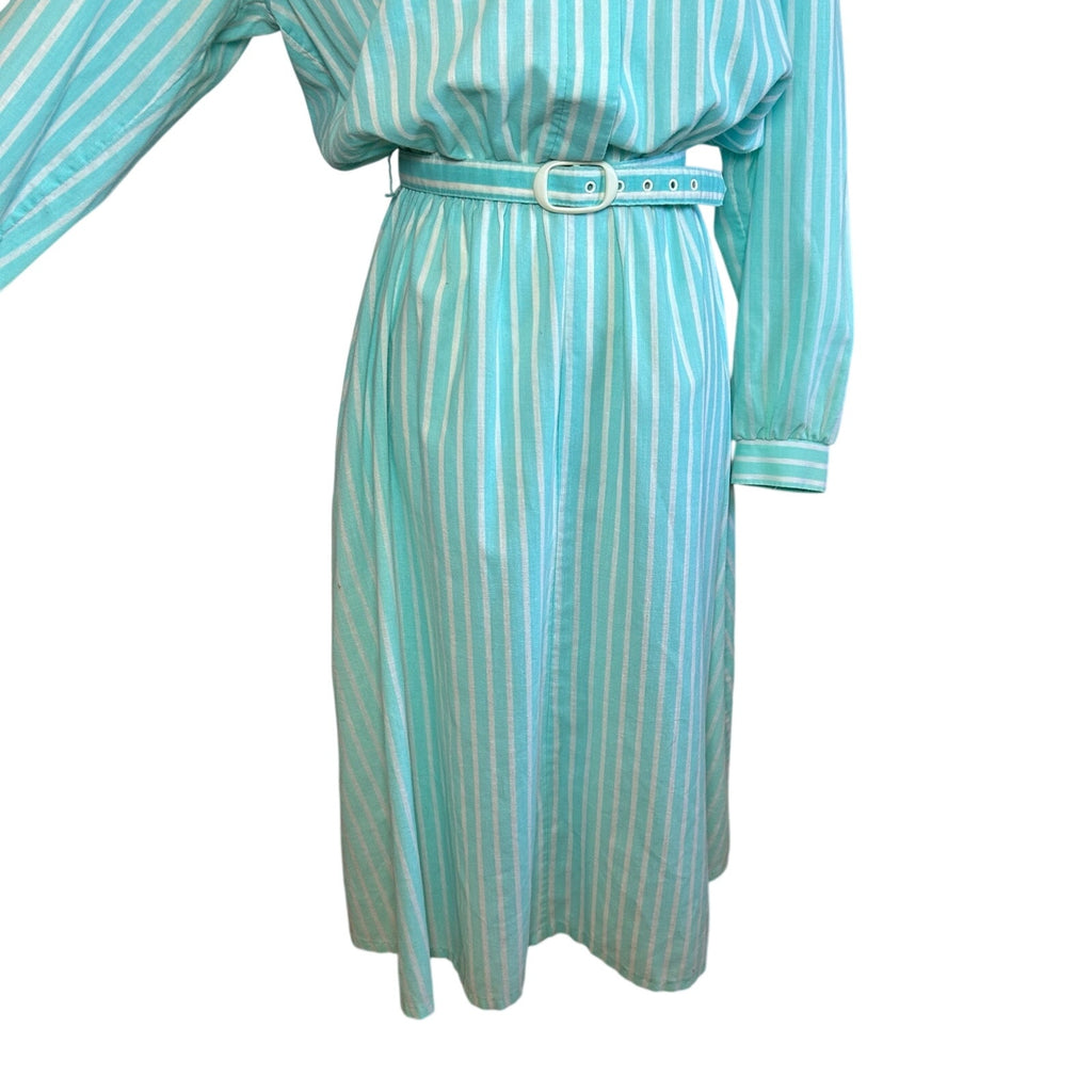 VTG 80s Carriage Court Teal Striped Belted Midi Dress M Retro Preppy Cottage