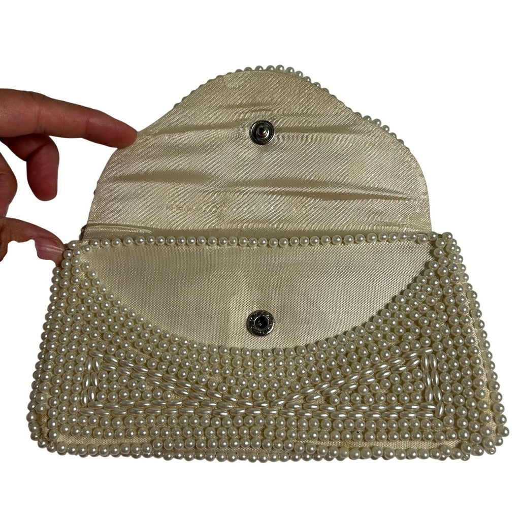 VTG 50s Pearl Beaded Clutch Japan White Evening Bag Glam Coquette Bridal Wedding