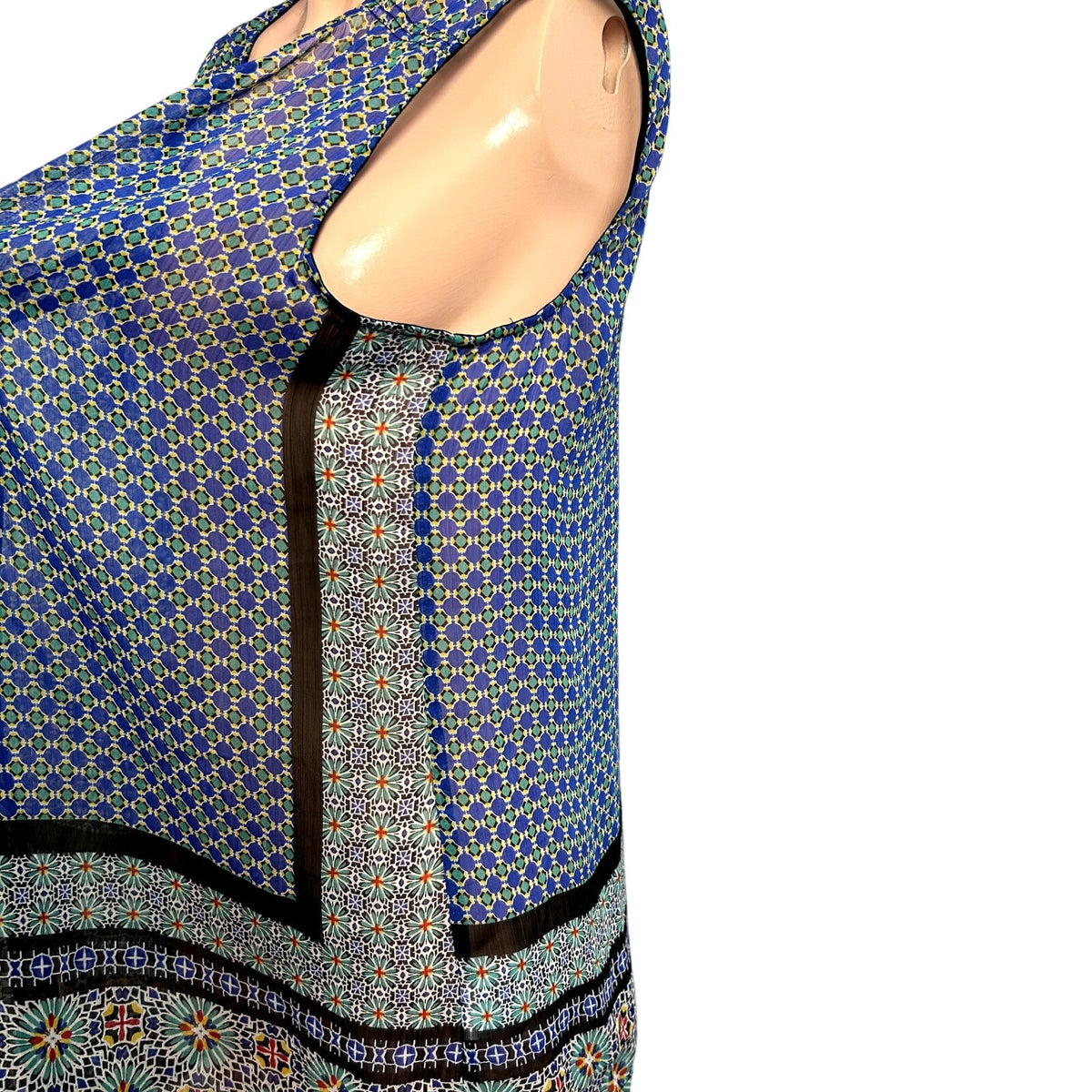 Liz Claiborne XL Blue Green Chiffon Sleeveless V-Neck Blouse Boho Top Maximalist
