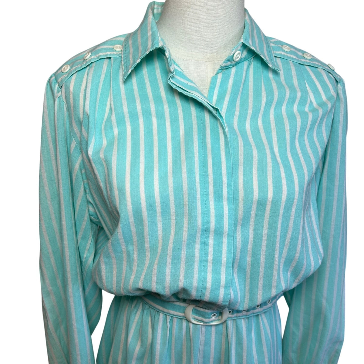 VTG 80s Carriage Court Teal Striped Belted Midi Dress M Retro Preppy Cottage
