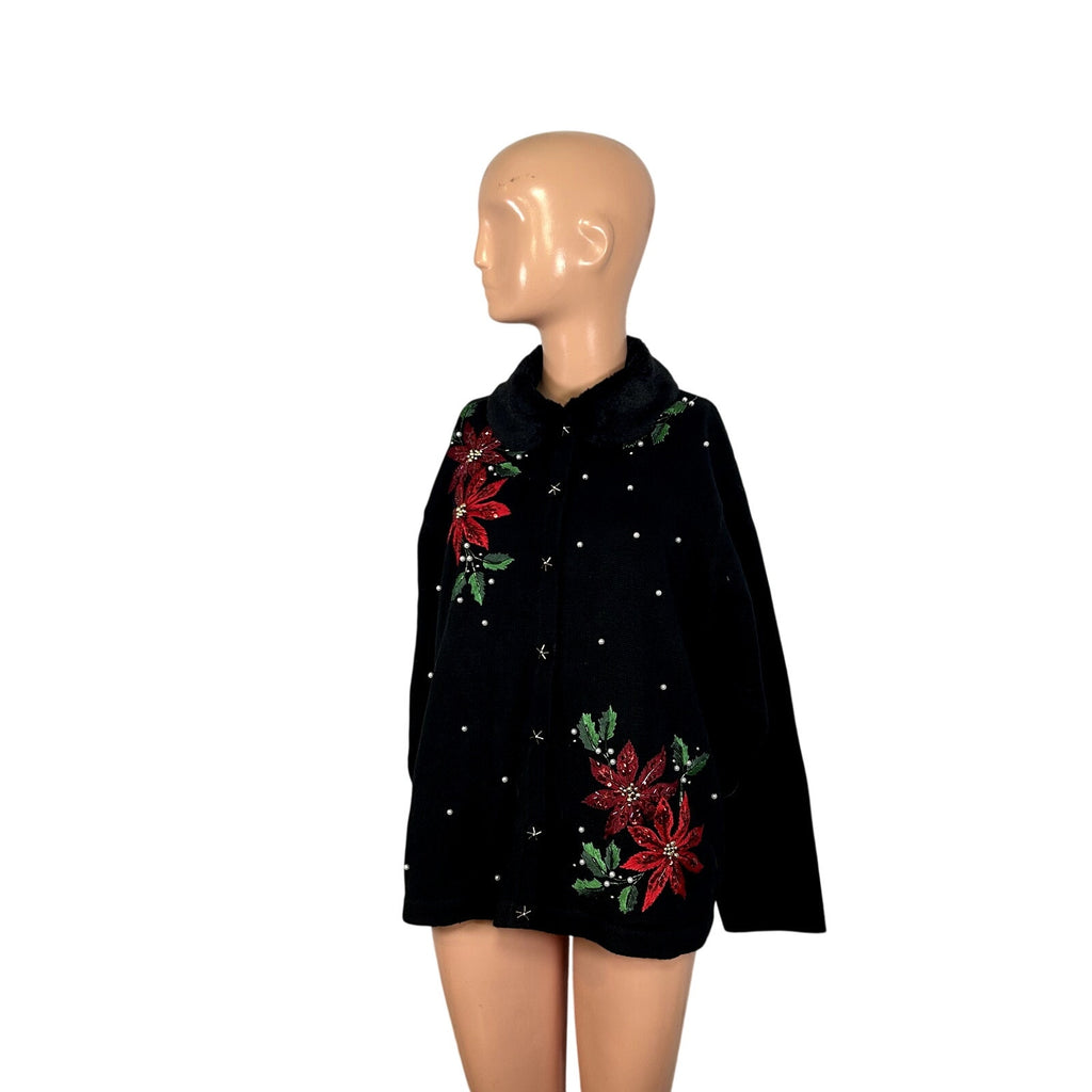 VTG 90s B.P. Design M Black Poinsettia Beaded Christmas Cardigan Faux Fur Collar
