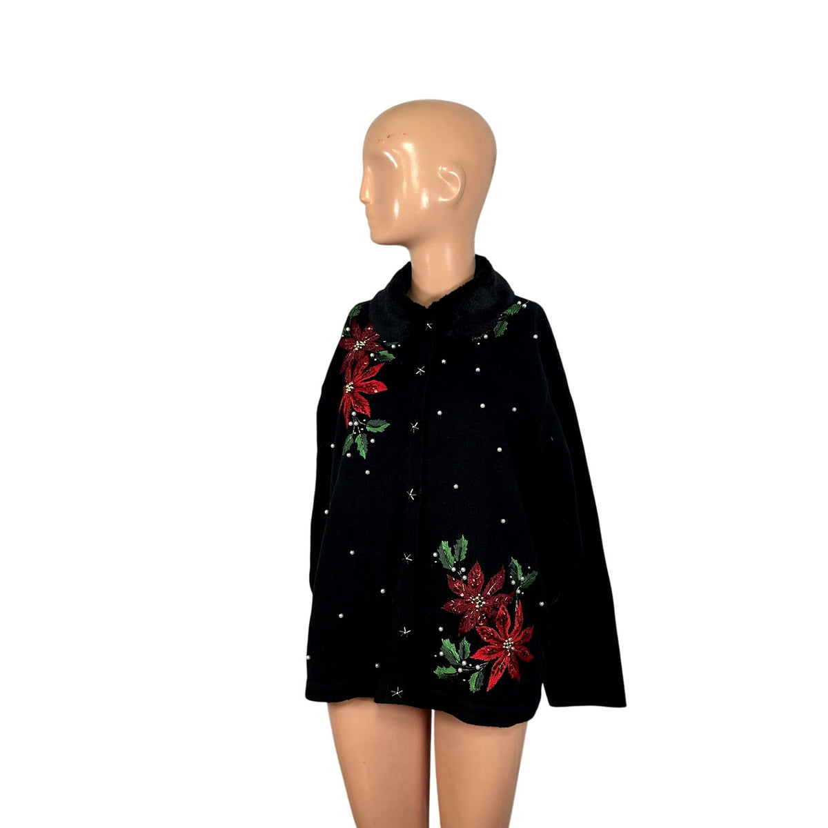 VTG 90s B.P. Design M Black Poinsettia Beaded Christmas Cardigan Faux Fur Collar