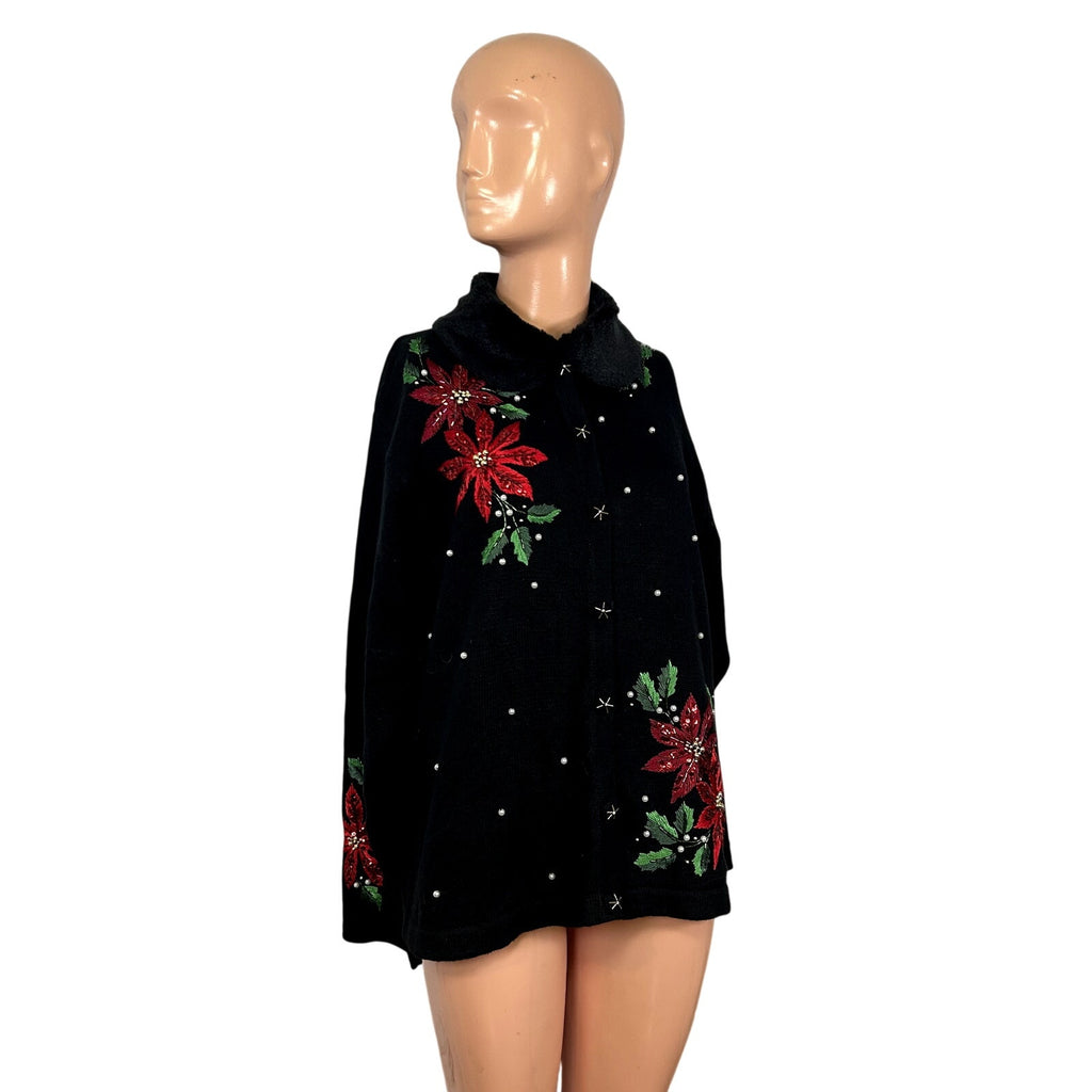 VTG 90s B.P. Design M Black Poinsettia Beaded Christmas Cardigan Faux Fur Collar