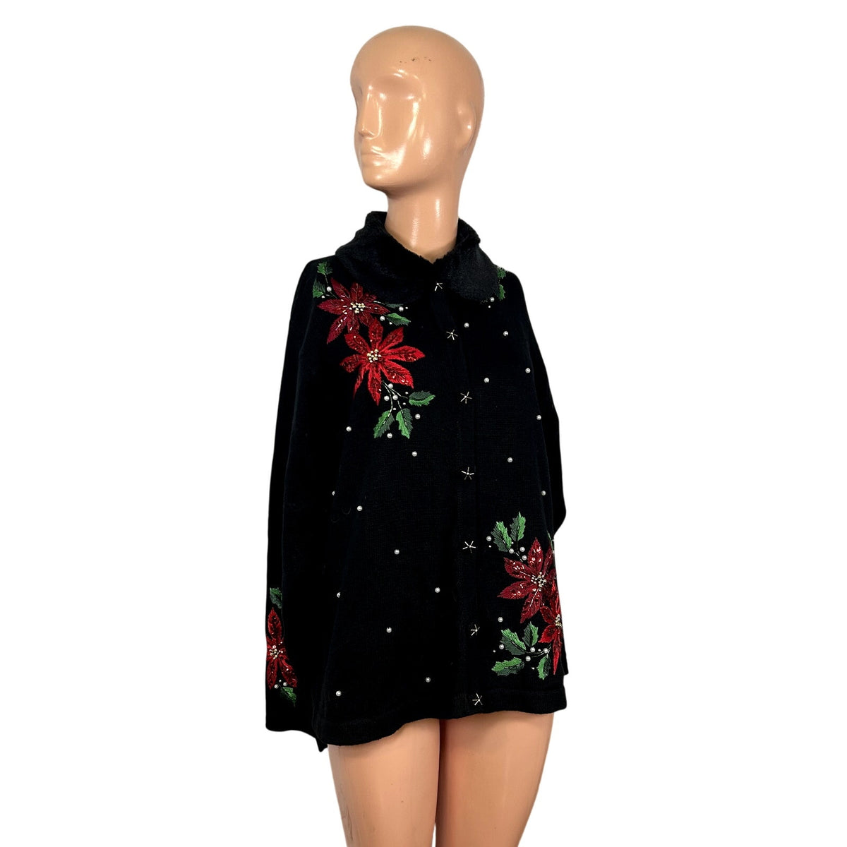 VTG 90s B.P. Design M Black Poinsettia Beaded Christmas Cardigan Faux Fur Collar