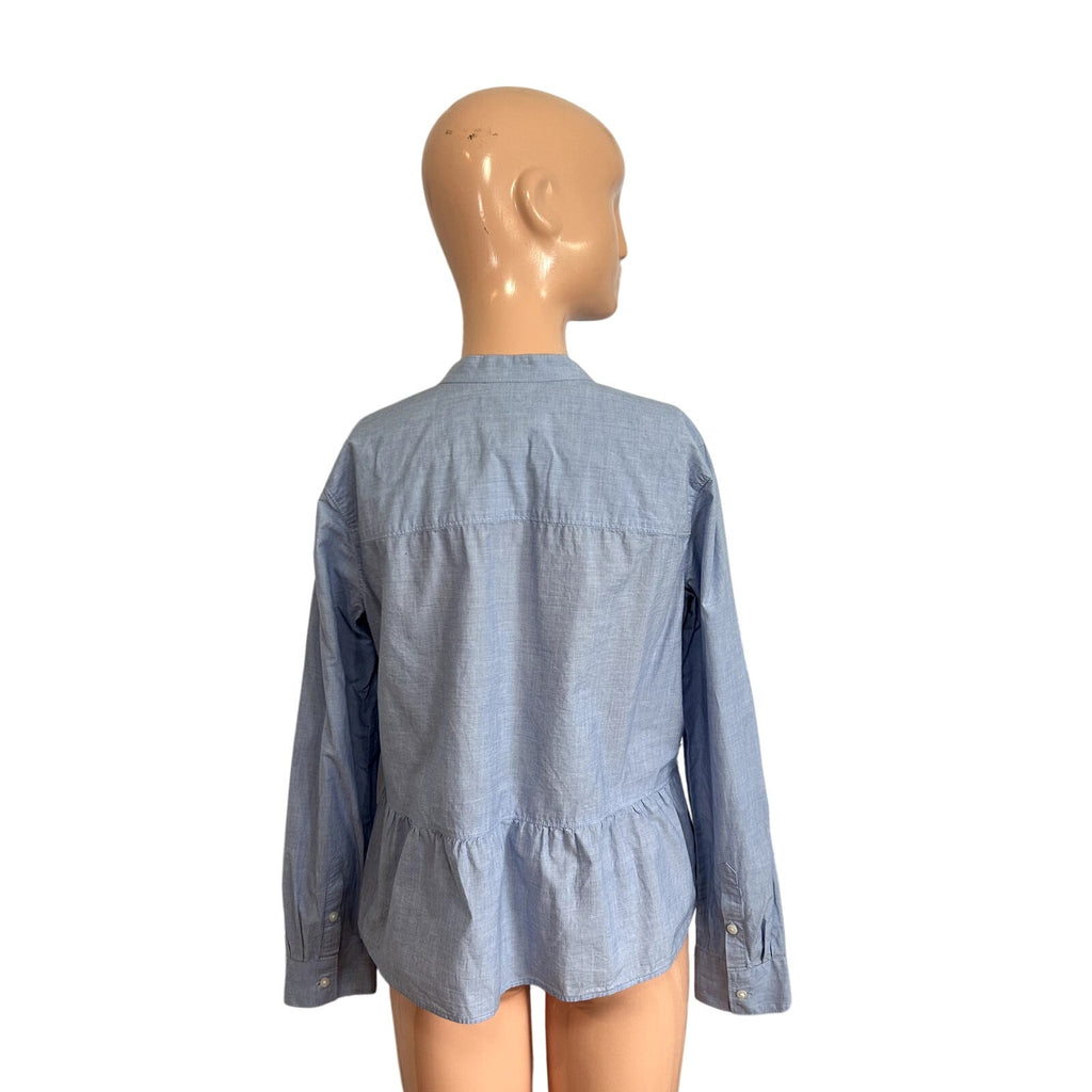 Madewell M Blue Top Mandarin Peplum Hem Minimalist Casual Monochrome Chambray