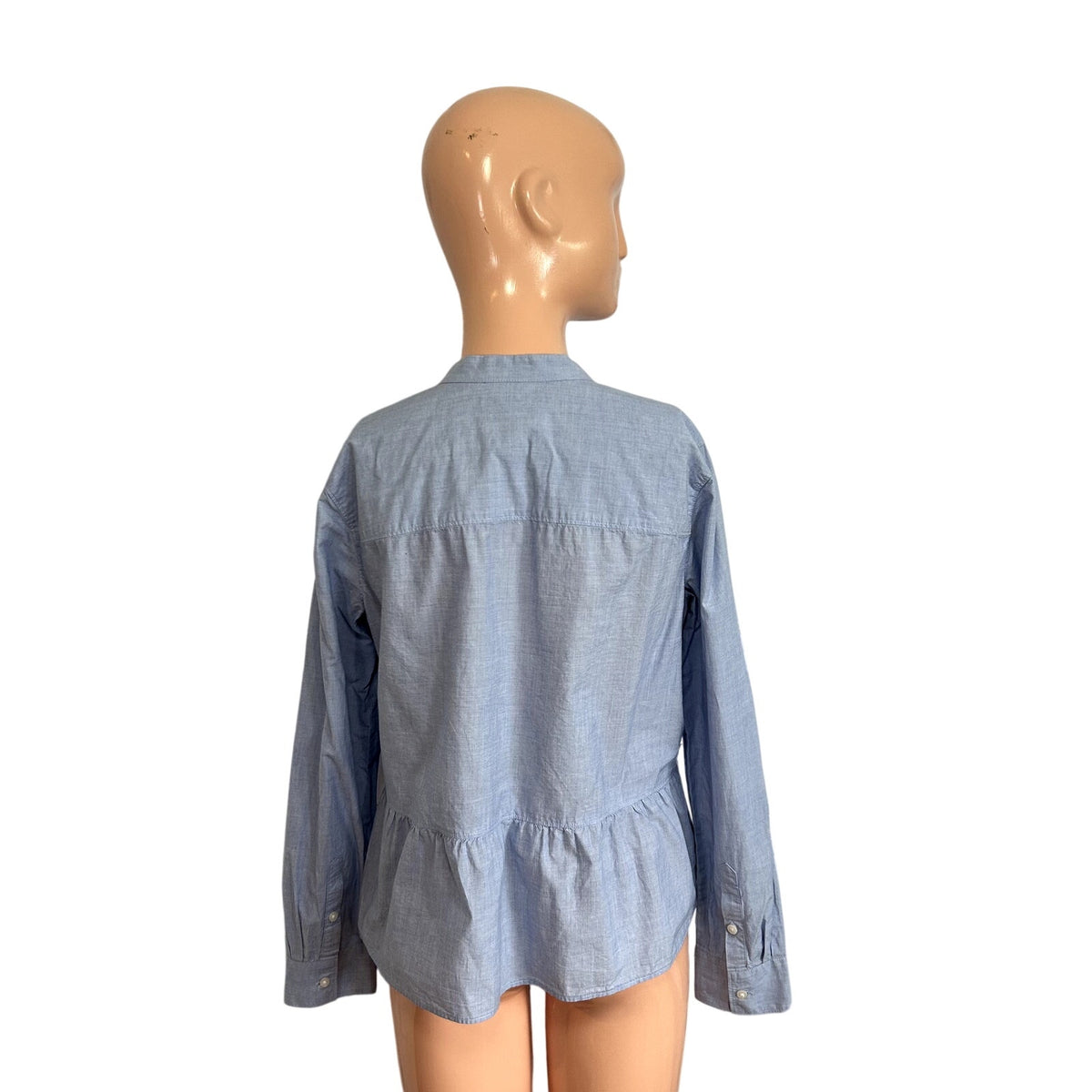 Madewell M Blue Top Mandarin Peplum Hem Minimalist Casual Monochrome Chambray