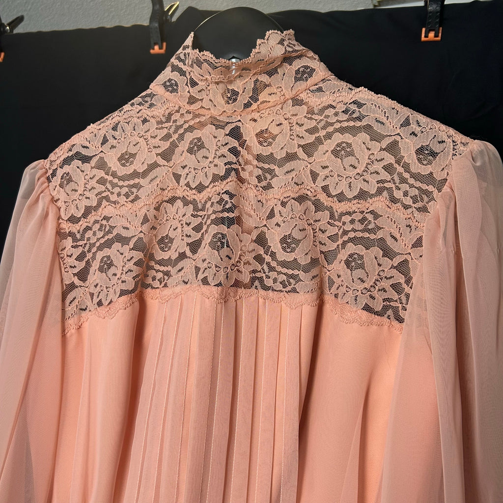 VTG 70s Handmade Peach Lace Maxi Dress Sheer Bishop Sleeve Boho Prairie XS