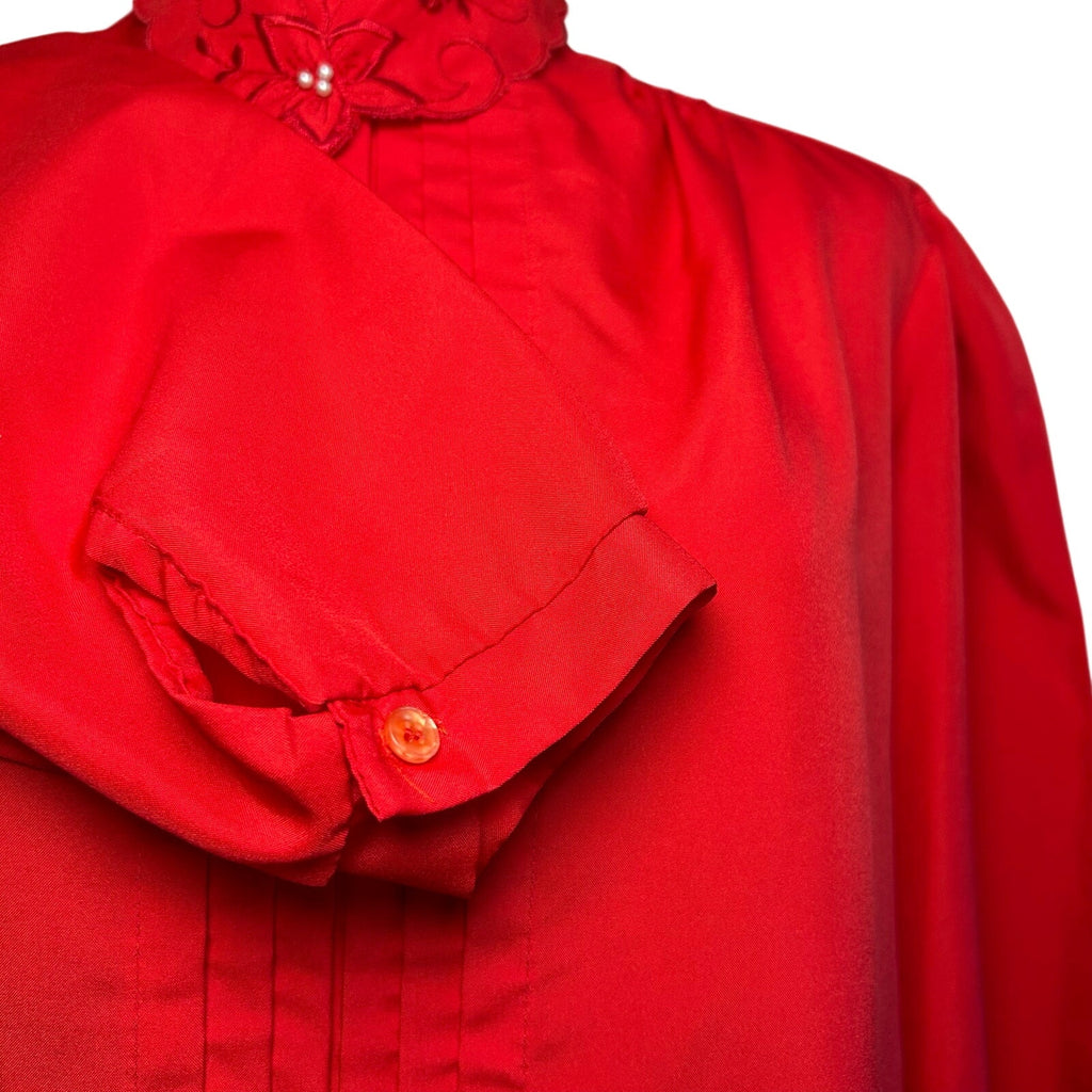 VTG 80s Claudia L Red Poinsettia Holiday Blouse Romantic Retro Twee Coquette