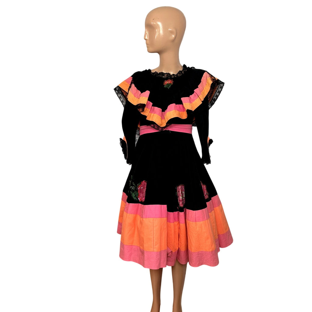 VTG 70s Vintage XS Black Pink Mexican Folkloric Flounce Sequin Dress Retro