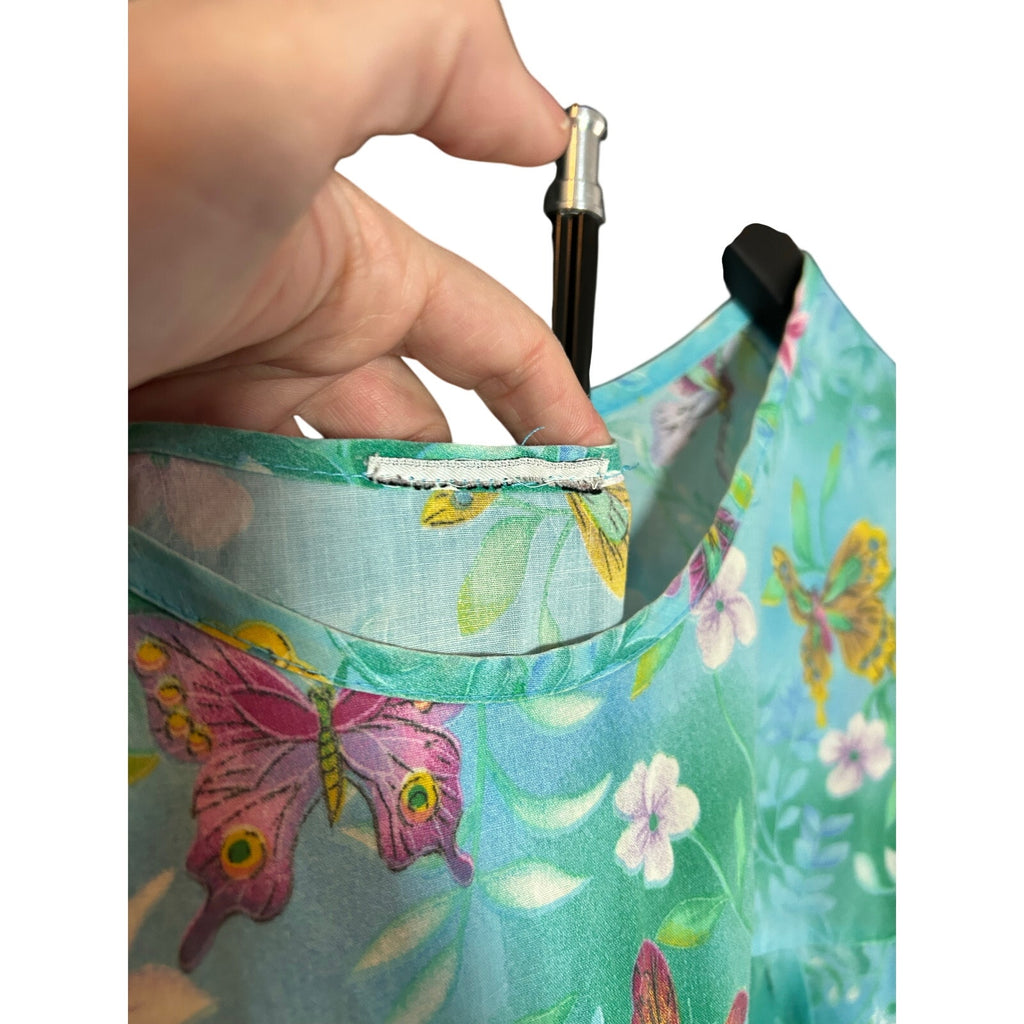 VTG Butterfly Floral Cotton Feel House Dress Blue Green XL Single Side Pocket