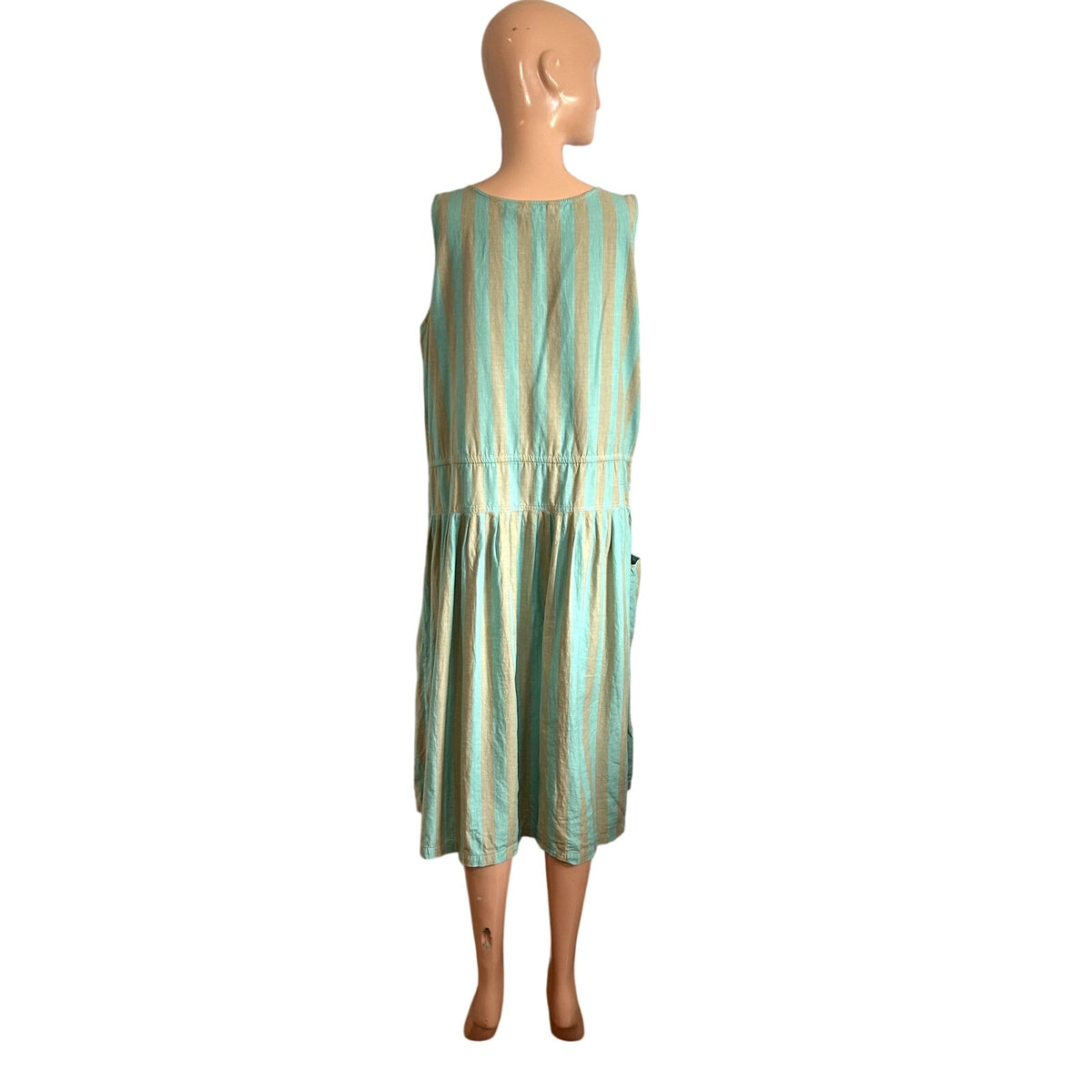 Phool Blue Tan Striped Buttons Pleated Cotton M Midi Dress Coastal Prairie Boho