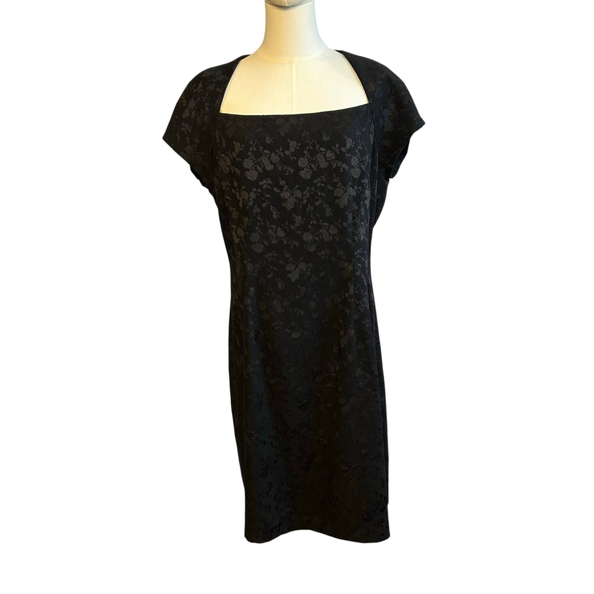 VTG 90s CDC Caren Desiree Black Floral Jacquard Dress Square Neck Midi Size 14