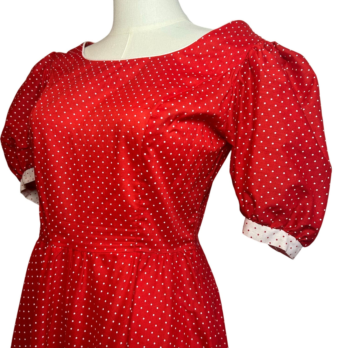 VTG 80s Red White Polka Dot Puff Sleeve Midi Dress