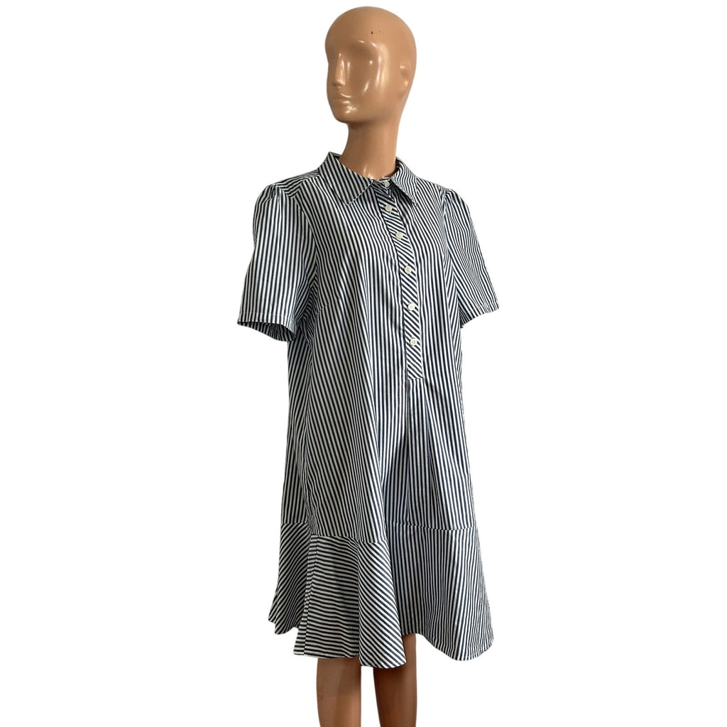 Tommy Hilfiger Blue White Striped Ruffle 14 Shirt Dress Cotton Coastal Preppy